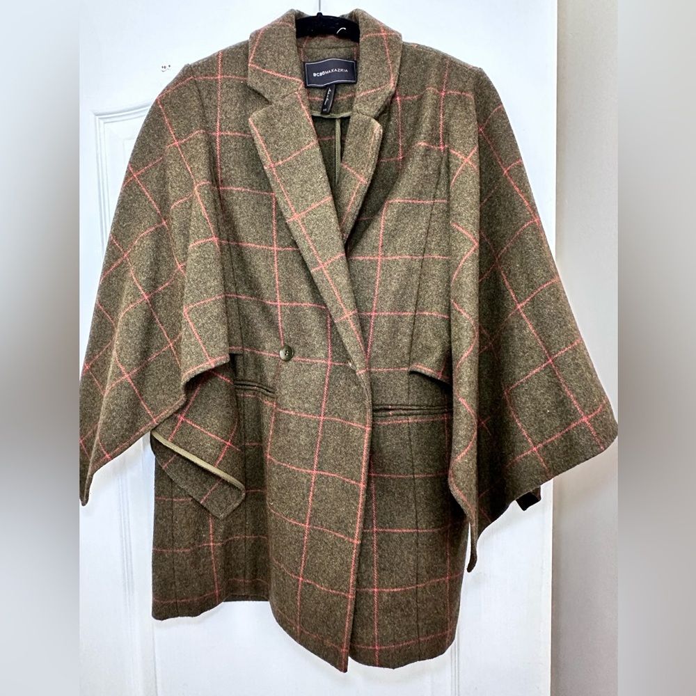 BCBGMAXAZRIA Windowpane-Plaid Cape-Sleeve Jacket